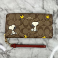 Coach x Peanuts Long Zip Around Wallet Signature Canvas Snoopy & Woodstock Khaki CE705 NWT