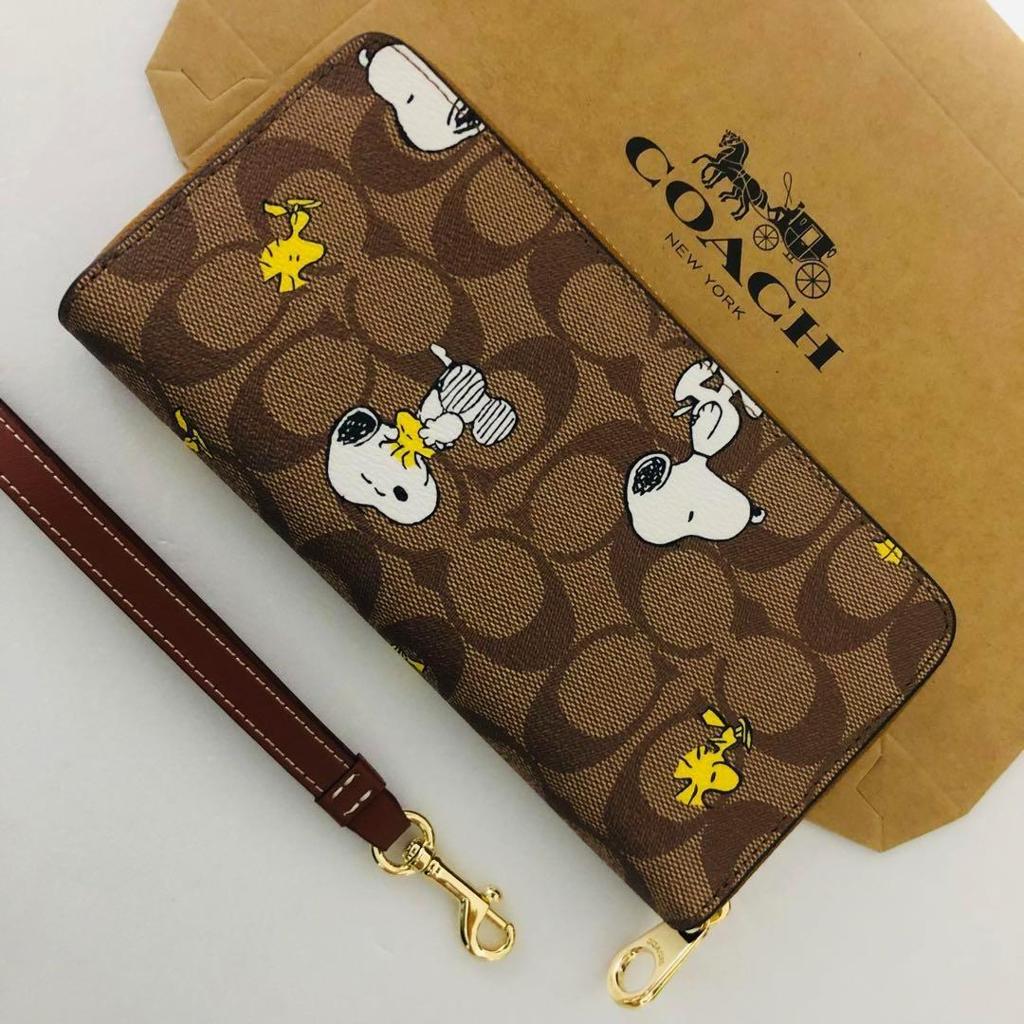 Coach x Peanuts Long Zip Around Wallet Signature Canvas Snoopy & Woodstock Khaki CE705 NWT