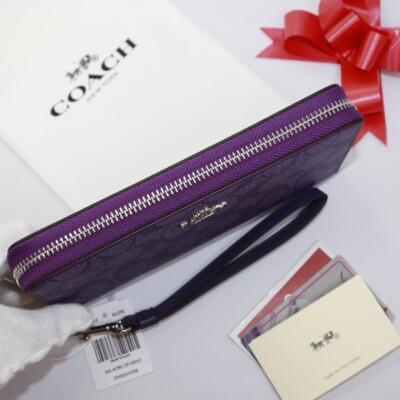 Coach C4452 Long Zip Around Wallet with Detachable Strap Signature Canvas Sport Purple